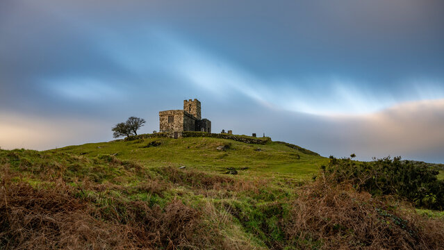 UK, England, Brentor, Cloudy sky over secludedBrentorChurch