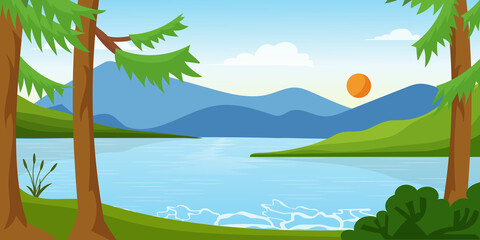 Fototapeta na wymiar landscape with lake flowing through hills, scenic green forest and mountains. scene with river vector illustration