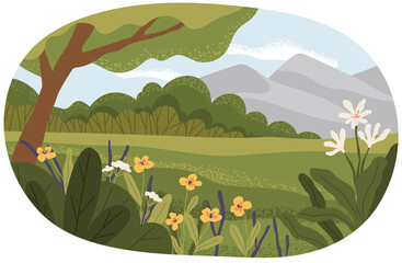 Forest glade with greenery in spring season. Landscape of nature, plants, flora of natural area. Forest view, outdoor recreation place with mountains. Meadow with beautiful scenery, wildlife © robu_s