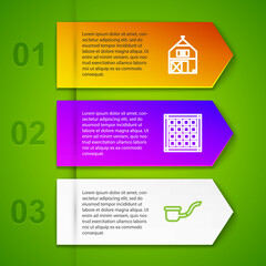 Set line Farm House, Checkered napkin, Smoking pipe and Massive steel chandelier. Business infographic template. Vector