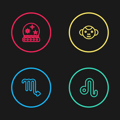 Set line Scorpio zodiac, Leo, Monkey and Magic ball icon. Vector