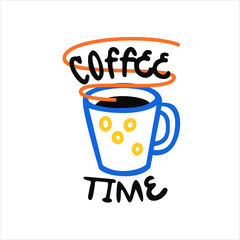Lettering coffee time. Vector cartoon image or icon of coffee mug with steam. Coffee lover.