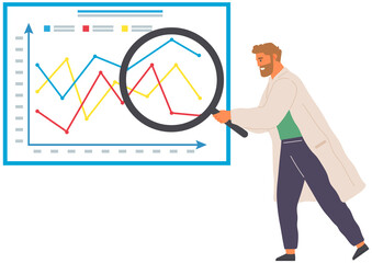 Search for solutions, scientific analysis concept. Man looking at statistical chart. Scientist works with data analytics and research of statistics. Person with magnifying glass analyzes diagram