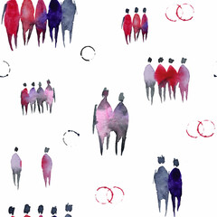 Color blot with watercolor depiction of a group of people. Hand-painted watercolor people, silhouettes of a man and a woman.	