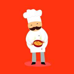 Chef in a chef's hat with a cooked dish in his hands