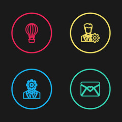 Set line Head with gear inside, Envelope Valentine heart, Profile settings and Hot air balloon icon. Vector