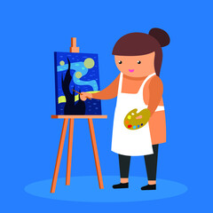 Woman artist paints a picture on an easel