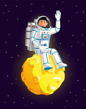 Cartoon astronaut on the Moon. Astronaut in spacesuit sits on planet with craters and waves his hand. Vector illustration