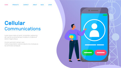 Mobile phone connection technology, cellular communications landing page tamplate with person, electronic device. Telecommunication industry system with smartphone, touch screen display with call sign