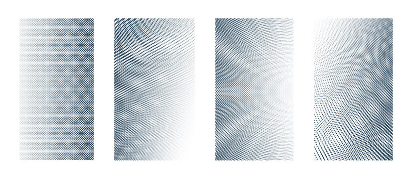 Moire pattern dots vector abstract backgrounds collection, set of vertical templates for design.