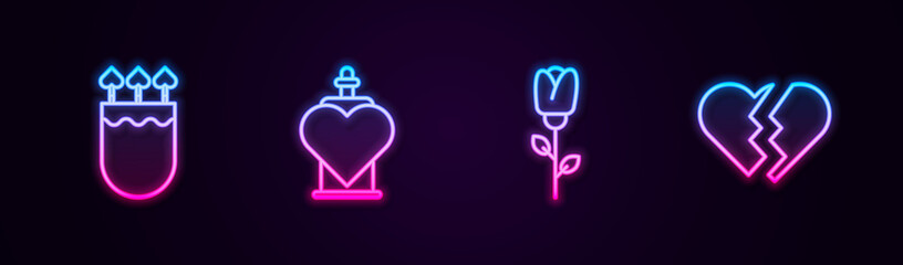 Set line Quiver and arrows with heart, Bottle love potion, Flower rose and Broken. Glowing neon icon. Vector