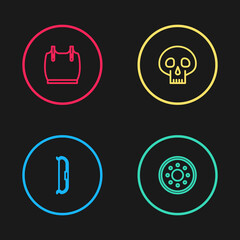 Set line Medieval bow, Round wooden shield, Skull and Body armor icon. Vector