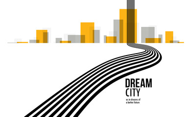 Future city on a horizon with highway road fast going to it vector abstract background, metropolis skyline with speed highway, road to town.