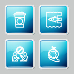 Set line Paper glass, Stop ocean plastic pollution, and Hand holding Earth globe icon. Vector