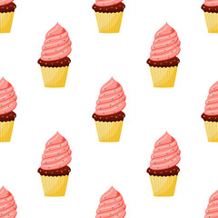 seamless pattern chocolate cupcake with pink cream. vector illustration on a white background.