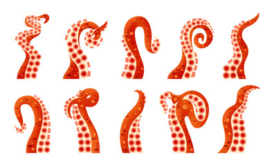 Octopus tentacles isolated set. Vector icons of underwater ocean fish or kraken monster. Vector twisted long limbs with suckers of cephalopods or sea cuttlefish. Geometric flat cardboard design.