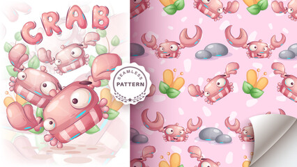 Cartoon character adorable crab, pretty animal idea for print t-shirt, poster and kids envelope, postcard. Cute hand drawn style crab - seamless pattern. Vector eps 10