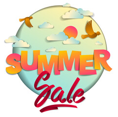 Summer sale banner advertising design layout with birds sun and clouds in the sky, papercut and ribbon words vector modern style cartoon paper cut 3d illustration.