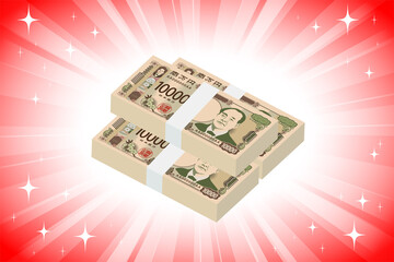 キラキラ輝く一万円札の束(赤色背景)