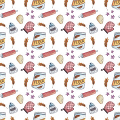 Kitcheware. Seamless Watercolor hand drawn Pattern on White Background.	