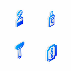 Set Isometric line Beard and mustaches care oil bottle, Hairbrush, Shaving razor and Blade icon. Vector