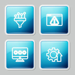 Set line Sales funnel with chart, Browser exclamation mark, Monitor password and Arrow growth gear icon. Vector
