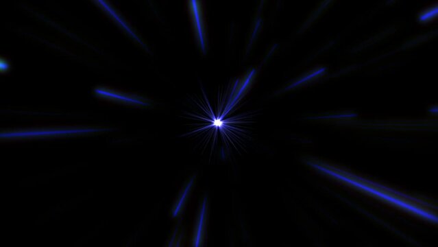 A light tunnel of blue rays that moves forward non-stop. Neon blue tunnel some rays become Moving towards the blue dot from which a light tunnel of blue rays scatters in different directions, then som