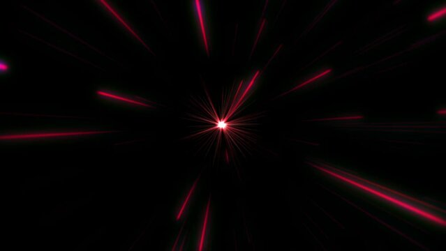 A light tunnel of red and lilac rays moving forward. A tunnel of bright neon red rays continuously moving towards. Light tunnel: on a black background, red rays scatter from the central point in all d