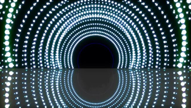 A light tunnel moving forward from blue, blue, light yellow, lilac dots in the form of an arch with reflection. Tunnel of light dots. Rainbow tunnel in the form of an arch. a multi-colored light tunne
