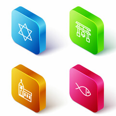 Set Isometric line Star of David, Japan Gate, Church building and Christian fish icon. Vector