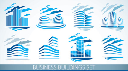 City building business financial office vector designs set. Futuristic architecture illustrations collection. Real estate realty office center designs. 3D futuristic facades in big city.