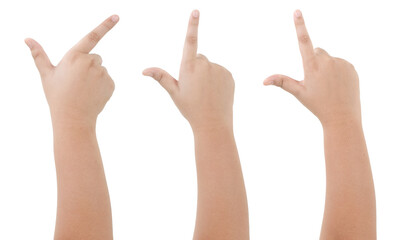GROUP of kid asian hand gestures isolated over the white background. Pointing ACTON.