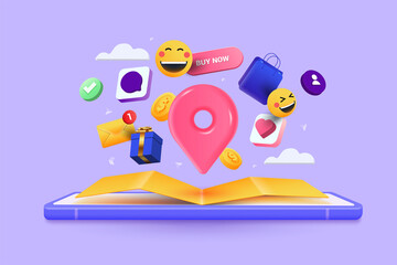 Online shopping 3D Illustration, online shop, online payment and delivery concept with floating elements. sale banner, gift box, discount, social advertising. 3D Vector Illustration.