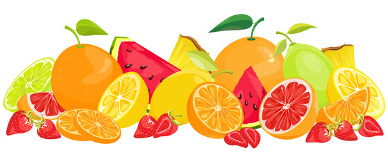 Set with fruit. Summer illustration of ripe, juicy fruits highlighted on a white background. Fruit banner. Oranges, lemons, strawberries, grapefruits.