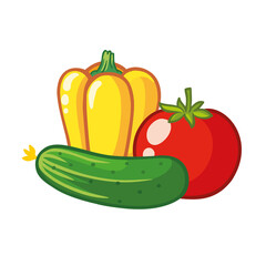 Pepper, tomato and cucumber. Vector illustration with vegetables in cartoon style.