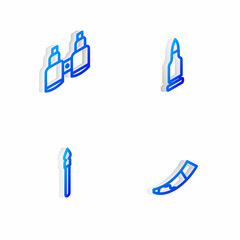 Set Isometric line Bullet, Binoculars, Medieval spear and Hunting horn icon. Vector