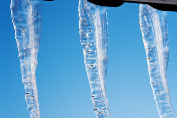 Transparent icicles in bright sunlight, hanging from the edge of the roof. Macro ice on a blue background..