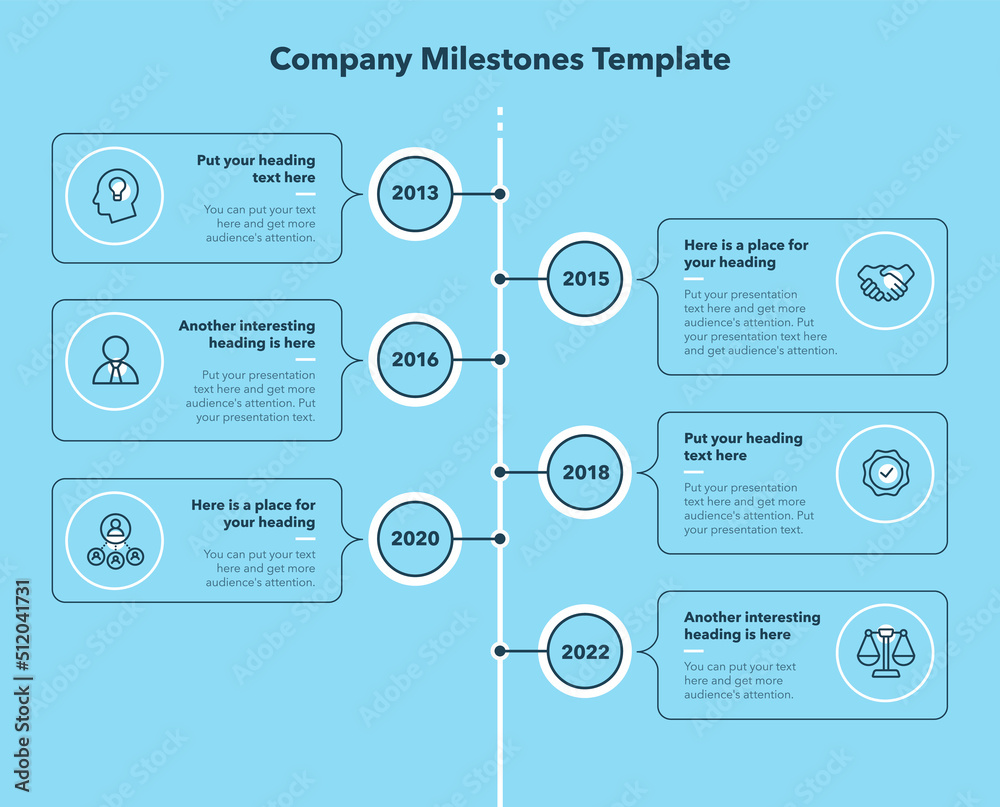 Aufkleber company milestones template with six steps - blue version. easy to use for your website or presentat