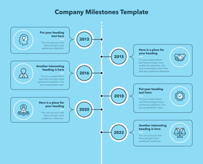 Fototapeta na wymiar Company milestones template with six steps - blue version. Easy to use for your website or presentation.
