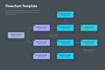 Fototapeta na wymiar Simple infographic for flowchart template with place for your content - dark version. Flat design, easy to use for your website or presentation.