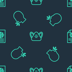 Set line Medical protective mask, Man coughing and Clipboard with blood test results on seamless pattern. Vector