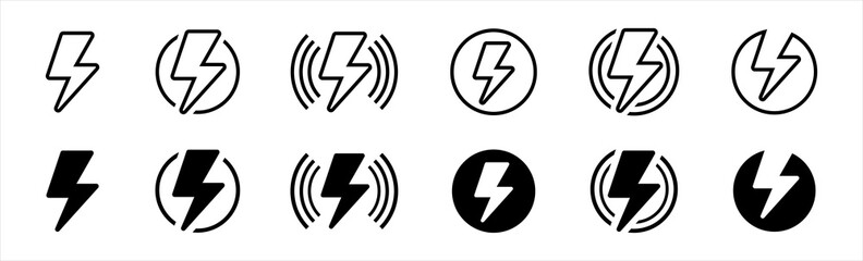 Lightning bolt icon set. Flash electric with wave symbol. Lightning bolt buttons. Thunderbolt flat style sign, vector illustration.