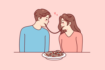 Happy couple having romantic date in restaurant eating pasta together. Man and woman enjoying romance in cafe. Flat vector illustration. 