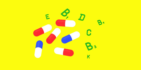medical capsules of different colors. detection of vitamins by green color symbols. healthy food concept. Horizontal image. 3D image. 3D rendering.