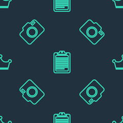 Set line Clipboard with document, Photo camera and Crown on seamless pattern. Vector
