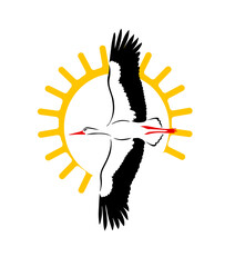 Flying stork and sun. Vector illustration. Flying stork silhouette logo.