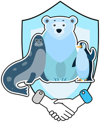 Animal donation, care and protection concept. Adoption of pets, shelter. Wild animal welfare. Conservation and security of northern animals, environmental protection day icon with handshake symbol