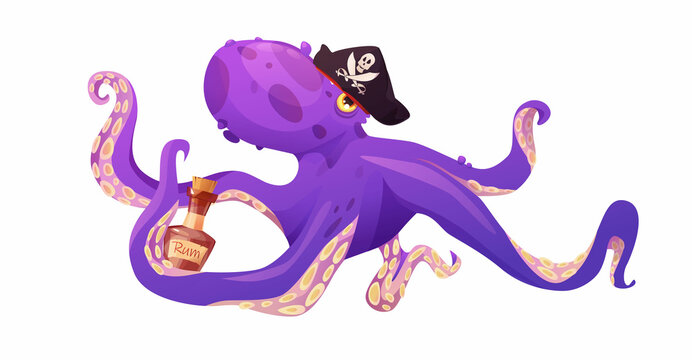 Purple octopus in pirate hat with bottle of rum. Cartoon vector illustration. Sea cute animal