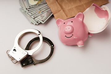 Bribe and financial fraud concept. Envelope with dollars, broken piggy bank and handcuffs on a...