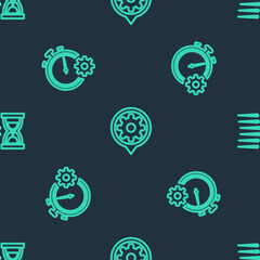 Set line Setting, Time management setting and Old hourglass with sand on seamless pattern. Vector